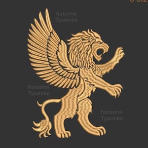May include: A golden embroidered griffin design on a dark background. The griffin, a mythical creature with the body of a lion and the wings and head of an eagle, is depicted with its mouth open. Text includes "Natasha Tyumiko" and "3 sizes".