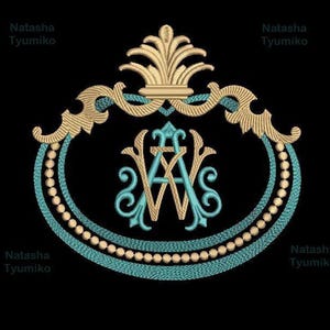 May include: A monogram embroidery design featuring the letters "AW" in a teal blue color, surrounded by a gold ornate frame with a pearl border. The design is set against a black background. The text "Natasha Tyumiko" appears four times around the design and the text "Tyumiko 9 sizes" appears at the top of the image.
