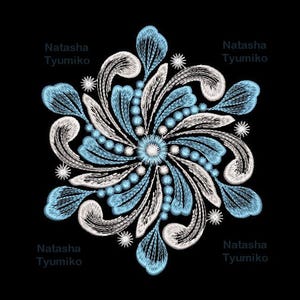 May include: A detailed, symmetrical floral design in light blue and white, set against a black background. The design features swirling petals and beaded accents, with the text "Natasha Tyumiko" repeated around the edges and "Tyumiko 5 sizes" at the top.