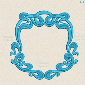 May include: A teal-colored, ornate embroidery design in a frame shape. The design features swirling lines and decorative elements. The text "Natasha Tyumiko" and "Tyumiko 4 sizes" are included in the image.