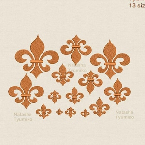 May include: A set of 13 embroidery designs featuring a fleur-de-lis in various sizes. The designs are in a warm orange color and are perfect for adding a touch of elegance to any project.