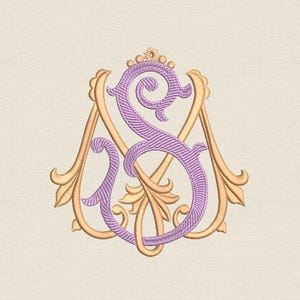 May include: A monogram embroidery design featuring the letters "MS" in a decorative, ornate font. The "S" is in a purple color, while the rest of the design is in gold.