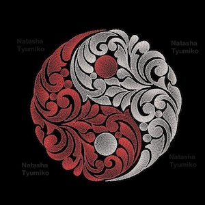 May include: A red and white yin yang symbol with intricate floral designs. The symbol is surrounded by the text "Natasha Tyumiko" and "Tyumiko 9 sizes".