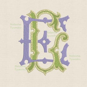 May include: An embroidered monogram design featuring the letters "FG" in a decorative, ornate style. The letters are in shades of green and purple, with the text "Tyumiko 8 sizes" at the top and "Natasha Tyumiko" repeated.