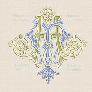 May include: Embroidered monogram design in light blue, green, and gold. The design features the letters "A" and "M" intertwined with ornate scrollwork and decorative elements. The text "Natasha Tyumiko" and "5 sizes" are also visible.
