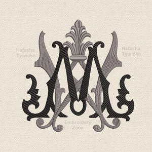 May include: Black and gray monogram embroidery design of the letters "M" and "A" with a decorative flourish at the top. The design is available in 9 sizes. The text "Natasha Tyumiko" appears at the top and bottom of the image.