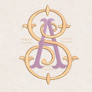 May include: A monogram design featuring the letters "A" and "S" intertwined in a decorative, ornate style. The "A" is in a lavender color, while the surrounding design is gold. The text "Tyumiko 5 sizes" is at the top, and "Natasha Tyumiko" is at the bottom.