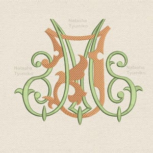 May include: An embroidered monogram design featuring the letters "MS" in a decorative, intertwined style. The design uses green and orange thread, with scrolling flourishes and the text "Tyumiko 9 sizes" in the upper right corner.