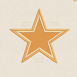 May include: A gold-colored star embroidery design with a filled center and a detailed outline. The design includes the text "Tyumiko 9 sizes (filled)" and the name "Natasha Tyumiko".