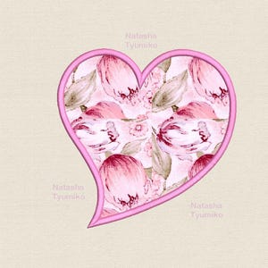 May include: Pink heart-shaped embroidery design with a floral pattern featuring pink and white flowers and leaves. The design is outlined in pink.