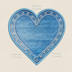May include: A denim heart-shaped patch with a light blue hue, featuring decorative stitching and small gold-colored studs along the edges. The text "Tyumiko 7 sizes" and "Natasha Tyumiko" are visible.