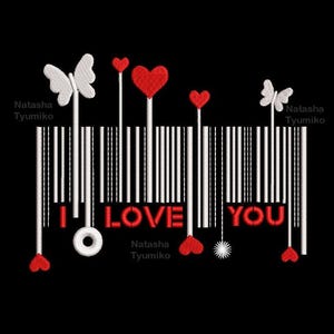 May include: An embroidered design on a black background features the words "I LOVE YOU" in red, with a barcode design. White butterflies and red hearts are incorporated into the design. The text "Natasha Tyumiko" is also present.