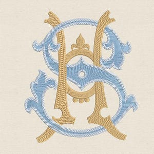 Puede incluir: Un diseño de monograma con las letras "H" y "S" en un esquema de color azul y dorado. Las letras están entrelazadas y tienen un estilo decorativo y ornamentado. El diseño está etiquetado como "Natasha Tyumiko" y "Tyumiko 7 tamaños".