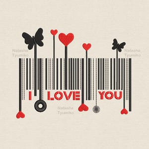 May include: Black and white barcode design with the words "I LOVE YOU" in red. The barcode is surrounded by red hearts and black butterflies. The text "Natasha Tyumiko" appears multiple times.