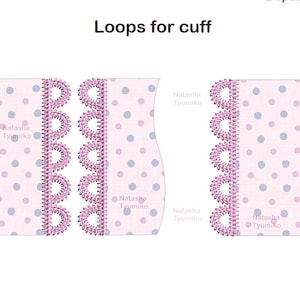 May include: Two options for a pink loop design for a cuff. The design is on a pink and blue polka dot background.