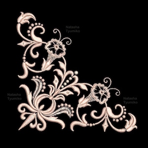 May include: A light peach-coloured corner embroidery design with floral and leaf patterns. The design includes the text "Tyumiko 13 sizes" and the name "Natasha Tyumiko". The design is set against a black background.