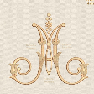 Diseño de bordado de monograma M individual inicial, patrón de bordado de letra M individual, diseño de bordado de letra M personal sin fuente alfabética, 4 tamaños