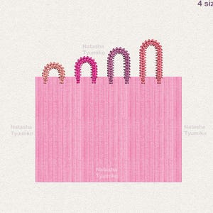 May include: Four pink fabric shopping bags with handles in different sizes. The bags are arranged from smallest to largest. The text "Natasha Tyumiko" appears on the bags.
