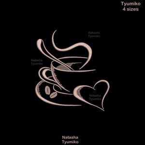 May include: A coffee-themed design in light brown on a black background. The design includes a coffee cup with steam, a spoon, coffee beans, and a heart. The text "Natasha Tyumiko" appears multiple times. The text "Tyumiko 4 sizes" is also present.