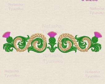 Diseño de bordado de borde de cardo, patrón de borde floral celta, adorno de cardos, símbolo de flor escocesa.