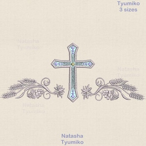 Cross spikelets grape embroidery design, religious cross embroidery pattern with grape bread spikelets religion cross