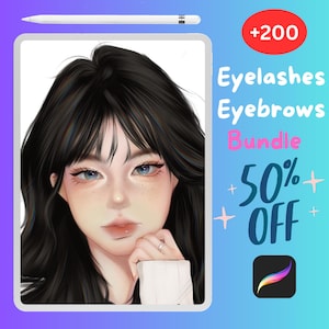 May include: A digital illustration of a woman with long black hair, wearing a white shirt. The image is a product listing for a bundle of over 200 eyelashes and eyebrows, with a 50% discount.