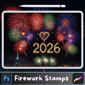 May include: Digital artwork of a tablet displaying a fireworks display with the year 2026 in a glowing font. The fireworks are in red, green, and blue. A white stylus is at the top. The text "Firework Stamps" is at the bottom.
