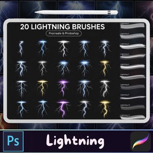 May include: A digital art display featuring 20 lightning brushes for Procreate and Photoshop. The lightning bolts are in various colors, including white, blue, yellow, and purple. A white stylus rests above the display. The word "Lightning" is displayed at the bottom.