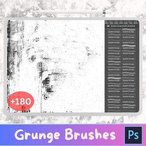 Può includere: Lo schermo di un tablet digitale mostra un set di 180 pennelli grunge per Photoshop. I pennelli sono visualizzati in una tavolozza in bianco e nero, con un'anteprima dei tratti del pennello sul lato sinistro dello schermo. Il testo "Quankm Grunge Brushes photoshop" è visualizzato nella parte superiore dello schermo.