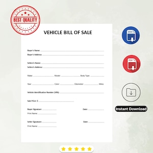 Vehicle Bill of Sale. Printable Motor Vehicle Sale Contract. Vehicle Bill of Sale Template. Editable WORD PDF. Instant Download
