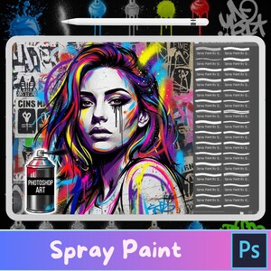 May include: Digital art of a woman with colorful hair and paint streaks, created with spray paint effects. The image includes a digital spray paint can and the text "PHOTOSHOP ART". The word "Spray Paint" is displayed at the bottom.