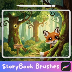 May include: A digital illustration of a forest scene with a friendly fox peeking from behind a tree. The artwork features a path, trees, and the text "Whispering Woods" on a sign. The words "StoryBook Brushes" are at the bottom.