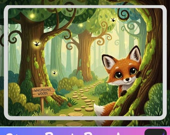 May include: A digital illustration of a forest scene with a friendly fox peeking from behind a tree. The artwork features a path, trees, and the text "Whispering Woods" on a sign. The words "StoryBook Brushes" are at the bottom.