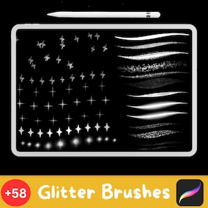 May include: A digital tablet screen displaying a set of 58 glitter brushes for use with a digital art app. The brushes are displayed in rows on a black background. The brushes include stars, lines, and sparkles. The text "+58 Glitter Brushes" is displayed at the bottom of the screen.