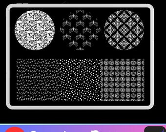 May include: A digital tablet screen displaying 25 seamless patterns. The patterns are black and white and include floral, geometric, and polka dot designs.