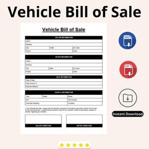 Vehicle Bill of Sale Template, Motor Vehicle Sale Contract, Bill Of Sale Form, Auto Bill of Sale, Editable WORD & PDF  Instant Download