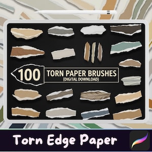 以下が含まれることがあります： 茶色、グレー、ベージュの色合いの100個の破れた紙ブラシを特徴とするデジタルアートグラフィック。ブラシは黒い背景に配置されています。「Torn Edge Paper」と「Torn Paper Brushes (デジタルダウンロード)」のテキストも表示されています。