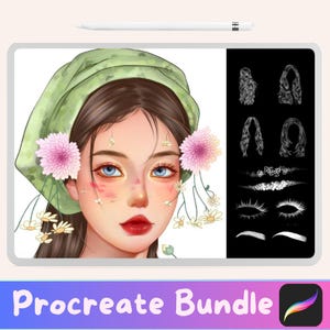 Könnte beinhalten: Procreate-Paket für digitale Kunst mit einer digitalen Illustration einer Frau mit grünen Haaren, Blumen und einem grünen Hut. Das Paket enthält Pinsel für Haare, Wimpern und Glitzer.