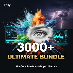 Puede incluir: Arte digital que promociona un paquete de Photoshop. La imagen presenta un ojo detallado en el centro, rodeado de explosiones de pintura coloridas. El texto dice "3000+ ULTIMATE BUNDLE" en dorado, con "The Complete Photoshop Collection" debajo.