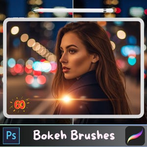 May include: A digital tablet displaying a woman's portrait with a blurred city lights background. The tablet has a white frame and a stylus is placed on top. The text "Bokeh Brushes" is displayed at the bottom.