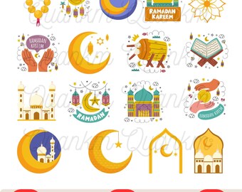 Può includere: Una collezione di illustrazioni colorate a tema Ramadan. Le immagini includono mezzelune, moschee, lanterne e il testo "Ramadan Kareem". I disegni sono in stile piatto e cartone animato, con una varietà di colori ed elementi decorativi.
