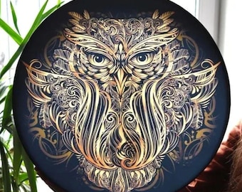 Handmade Vegan Owl Shaman Drum: Siberian Style Sound Healing | Free Drumstick