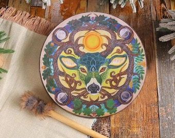Handcrafted Vegan Shaman Drum: Deer Head, Sound Healing Instrument | Free Drumstick