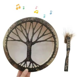 Vegan Shaman Drum: Tree of Life, Siberian Style, Sound Healing | Free Drumstick