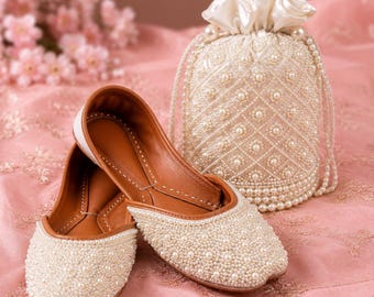 White Pearl Punjabi Jutti Potli Set | Bridal Khussa Shoes | Beaded Wedding Bag | Ethnic Luxe