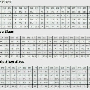 May include: Shoe size conversion chart for men, women, and boys/girls. Includes Mondopoint, US & Canadian, European, UK, Australian, and Japanese sizes. Useful for online shoe shopping.
