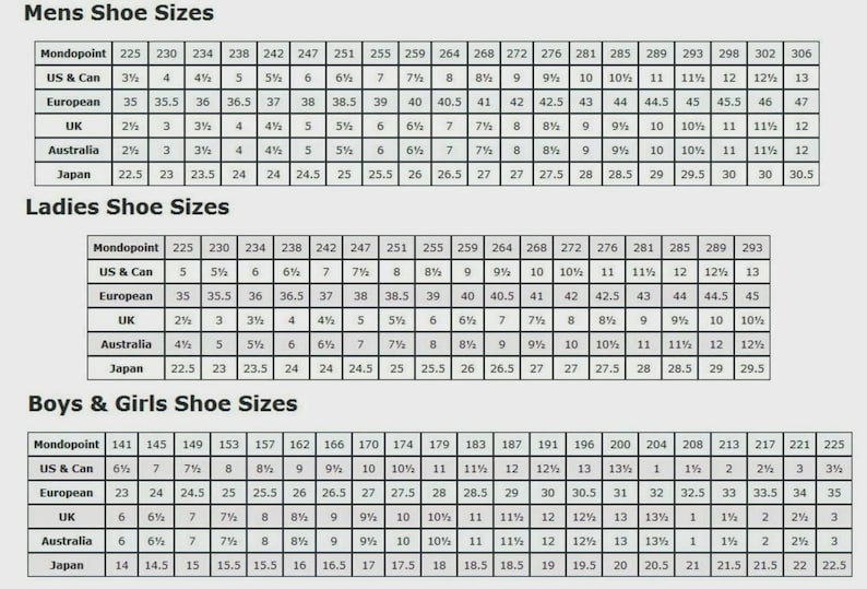 May include: Shoe size conversion chart for men, women, and boys/girls. Includes Mondopoint, US & Canadian, European, UK, Australian, and Japanese sizes. Useful for online shoe shopping.