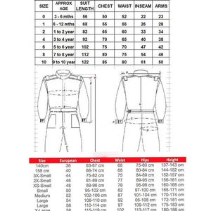 May include: A chart with sizing information for children's and adult's clothing. The chart includes measurements for chest, waist, inseam, and arms, as well as European sizes and height in centimeters. The clothing appears to be a racing suit.