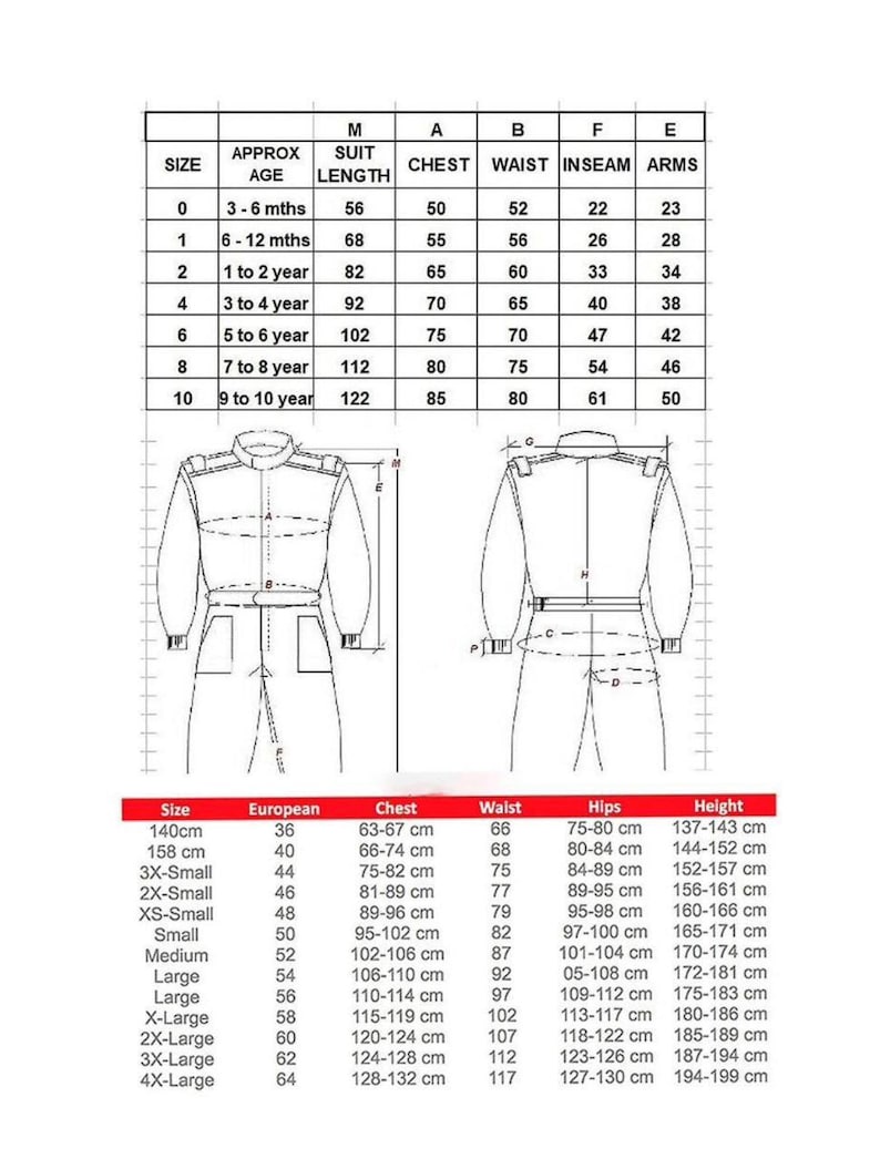 May include: A chart with sizing information for children's and adult's clothing. The chart includes measurements for chest, waist, inseam, and arms, as well as European sizes and height in centimeters. The clothing appears to be a racing suit.