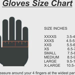 May include: A glove size chart with the text "Gloves Size Chart". The chart includes a hand silhouette with a ruler, and size measurements in inches, ranging from 3.5 to 11.5 inches. The text also instructs the user to measure around their four fingers.